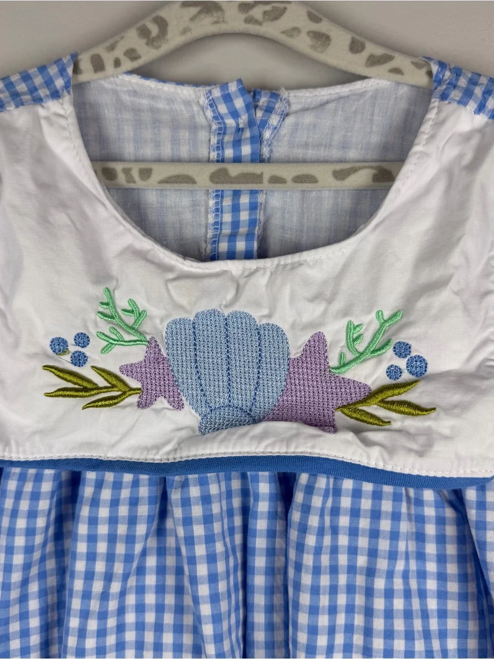 Honey Bean Blue White Gingham Seashell Embroidery Coastal Dress Beach Size 4